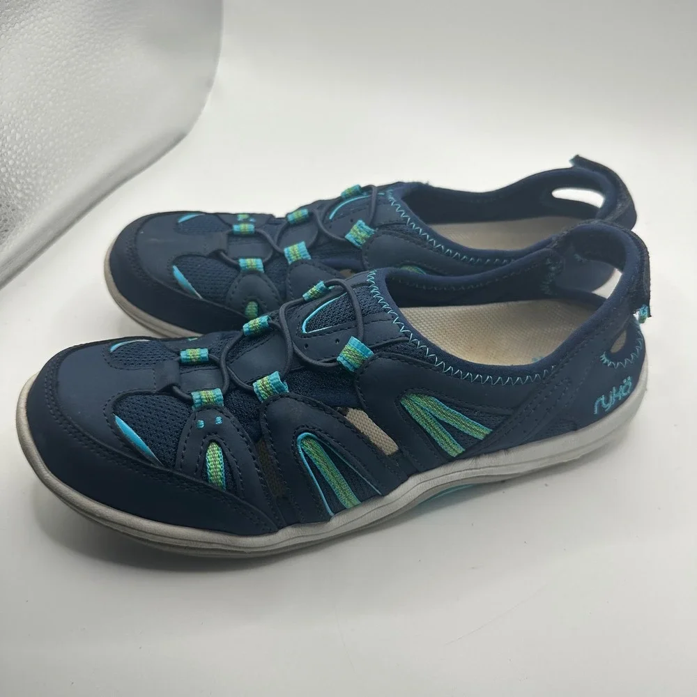 Ryka Hula Navy Blue Teal Walking Sandals Water Shoes Womens 7M Bungee Strap